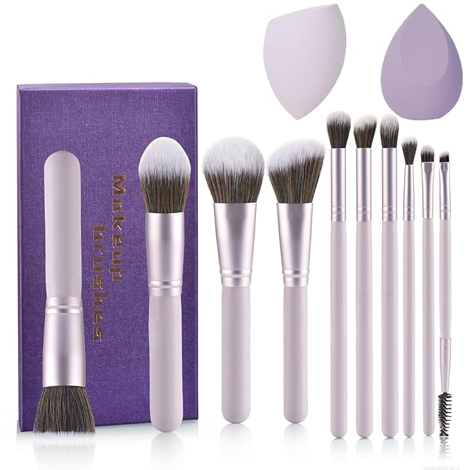 Gift Ready 10 Piece Purple Makeup Brushes Set and 2 Piece Makeup Sponge – Wooden Handle with Soft Synthetic Bristles, Concealer, Powder – (Ideal for Christmas, Birthday, Women)-FemmiqueWomen