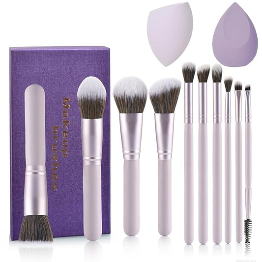 Gift Ready 10 Piece Purple Makeup Brushes Set and 2 Piece Makeup Sponge – Wooden Handle with Soft Synthetic Bristles, Concealer, Powder – (Ideal for Christmas, Birthday, Women)-FemmiqueWomen