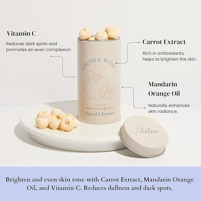 3-in-1 Solid Facial Cleanser, Exfoliator, and Wash-off Mask - Vegan, Cruelty-Free, Plastic-Free, Travel-Friendly, 1 Month Supply (60 Crushable Tablets) in Tin (Brightening Beans in Tin)-FemmiqueWomen