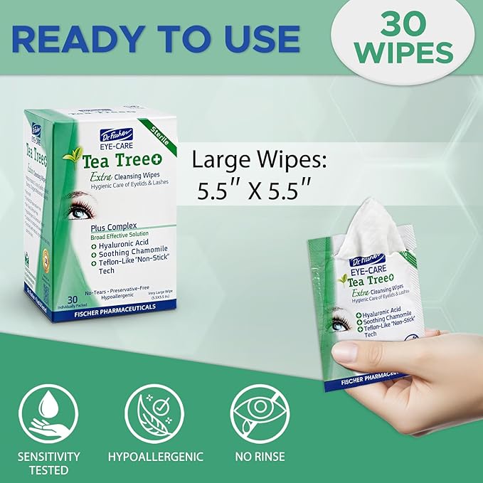 Dr. Fischer Tea Tree Oil Eye Wipes - Eyelid Wipes for Sensitive Eyes with Hyaluronic Acid and Chamomile, Makeup Remover, Daily Cleanser (60 wipes)-FemmiqueWomen