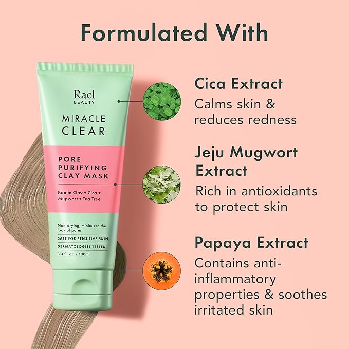 Rael Blackhead Remover, Miracle Clear Clay Mask, Exfoliating Face Wash, Pore Minimizer, Gentle and Hydrating, with Tea Tree, Vegan, Korean Skin Care (3.3 fl oz)-FemmiqueWomen