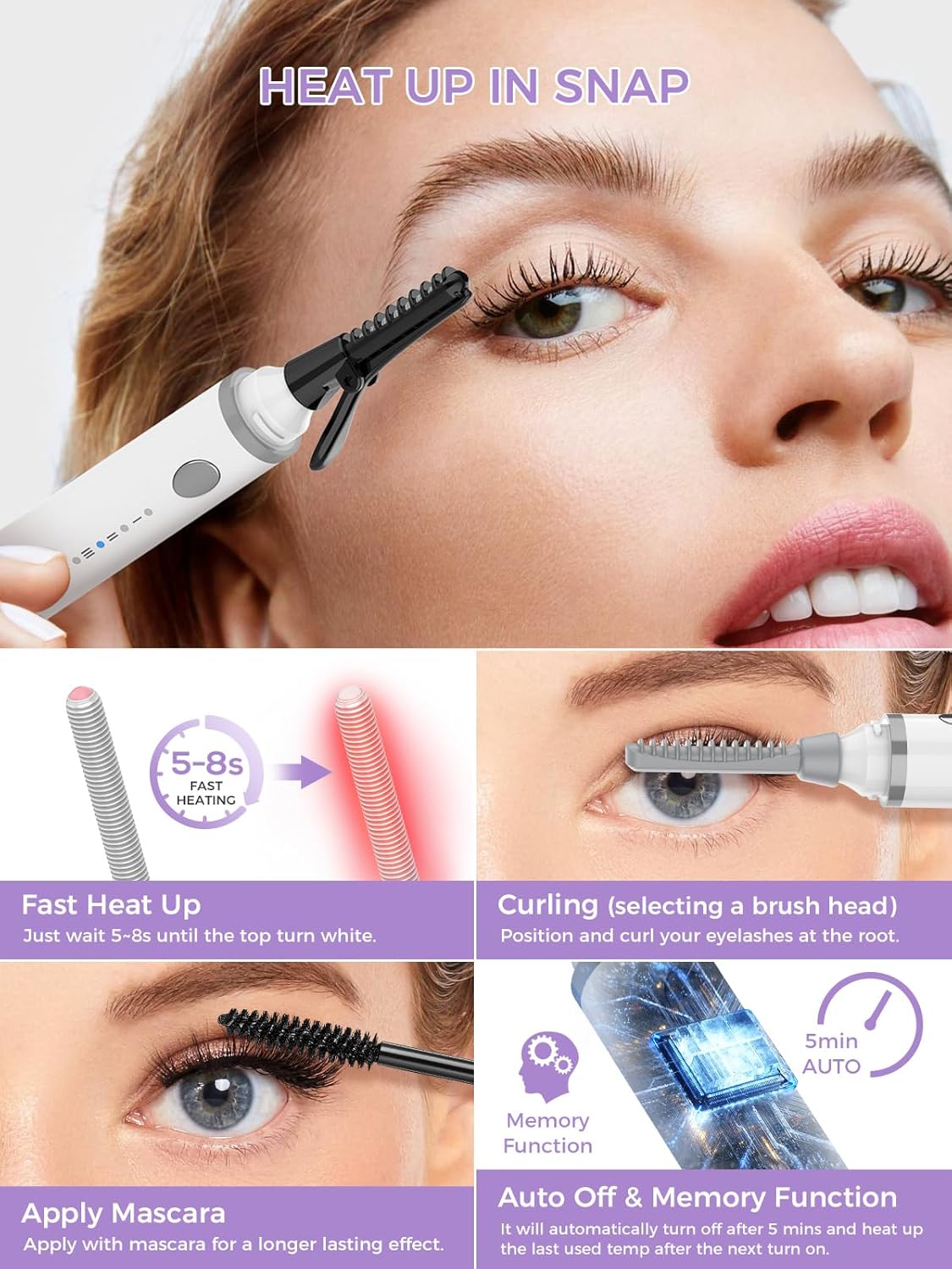 Smiling Shark Heated Eyelash Curler, 2025 New 360°Wand-Style Heated Lash Brush Rechargeable with 3 Brush Heads & 3 Temp 【Lengthen/Define/Curler】 3-in-1 Lash Curler for All Types of Lashes, White-FemmiqueWomen