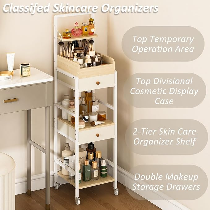 Wisdom Star Makeup Organizer Cart with 2 Drawers, Floor Skincare Organizers, Makeup Storage, Vanity Organizer, Cosmetics Display, Versatile Skin care Perfume Nail Polish Storage Rack for Bathroom-FemmiqueWomen