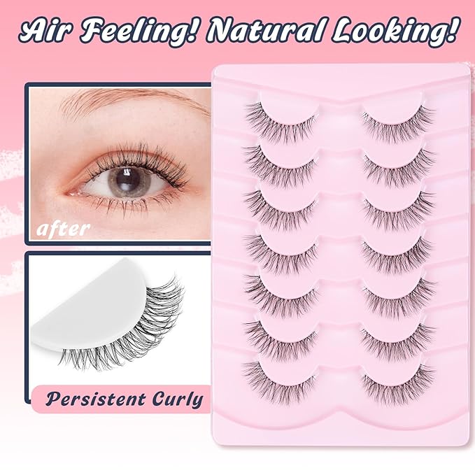 Lashes Natural Look False Eyelashes Wispy 13mm Eye Lashes Pack with Thin Cotton Band C Curl Fake Eyelashes 3D Volume For Daily Siligli Lash 7 Pair-FemmiqueWomen