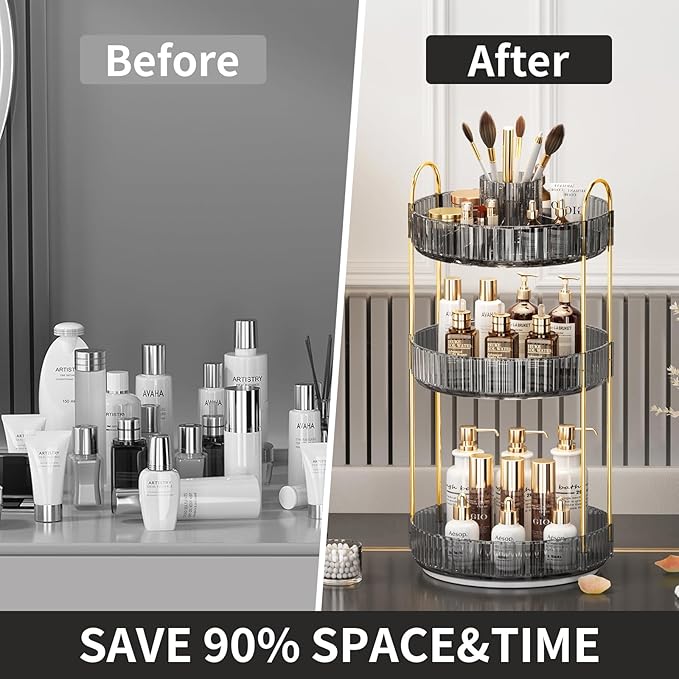 360° Rotating Makeup Organizer, Large-Capacity Skincare Make Up Storage 3 Tier Perfume Organizers Cosmetic Dresser Organizer with Makeup Brush Holder, Fits Bedroom, Bathroom, Vanity Shelf Countertop-FemmiqueWomen