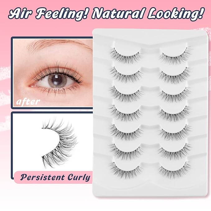 Natural Lashes False Eyelashes 12 MM Short Lashes WIspy 3D Volume Fake Eyelashes Pack C Curl Soft Eye Lash with Thin Cotton Band 7 Pair False Lashes Siligli-FemmiqueWomen