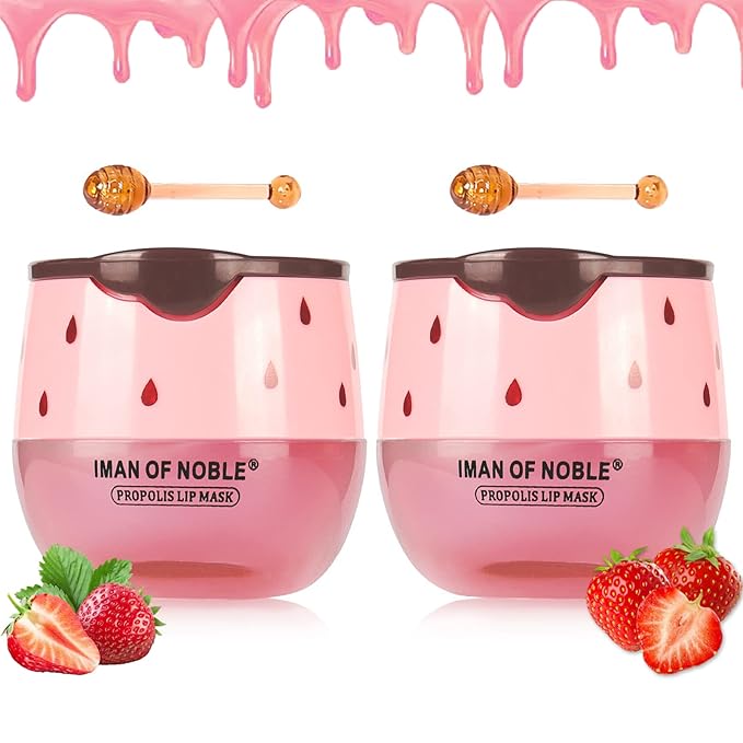 2PCS Strawberry Sleeping Lip Mask,Bee Lip Balm Lip Mask Honey Pot Propolis Moisturizing Lip Balm with Stick,Plumping Lip Hydrating Prevention Dry & Cracked Lip Scrubs Exfoliato Lip Wrinkle Care-FemmiqueWomen