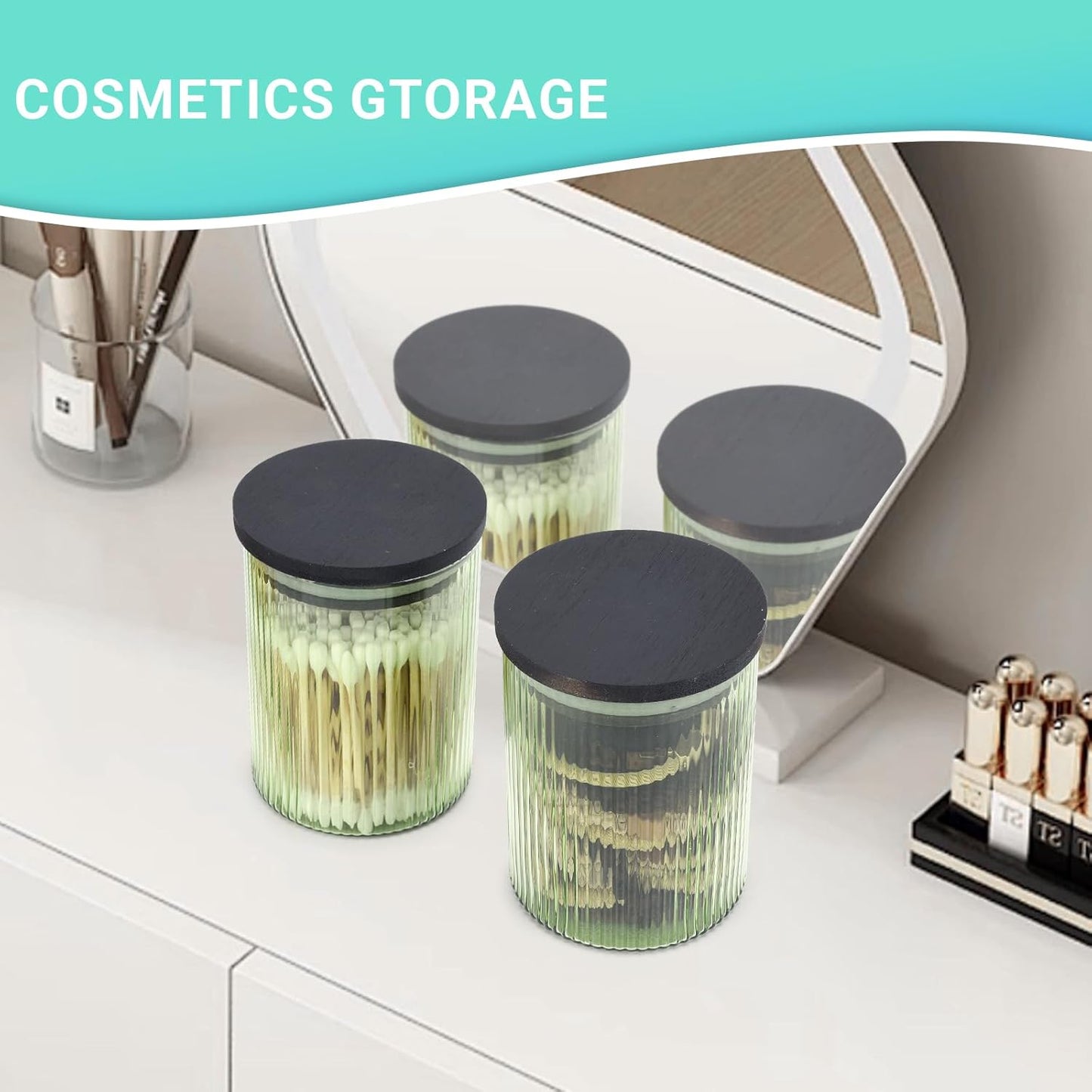 2 Pack Ribbed Glass Qtip Holder Dispenser Set - Apothecary Jars with Lids - Bathroom Canister Storage Organizer and Vanity Makeup Organizer for Cotton Ball,Swab,Round Pads,Floss-FemmiqueWomen
