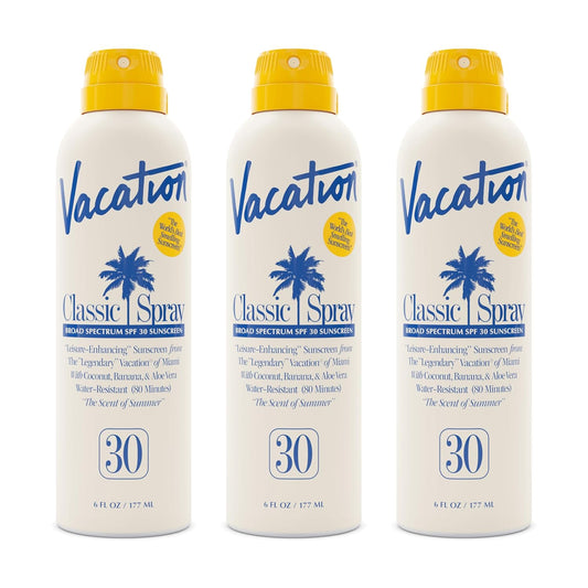 Vacation Classic Sunscreen Spray SPF 30, Water-Resistant, Lightweight, Transparent on All Skin Tones, Dermatologist-Tested, Vegan, 6 Fl. Oz. (Value Pack of 3)-FemmiqueWomen