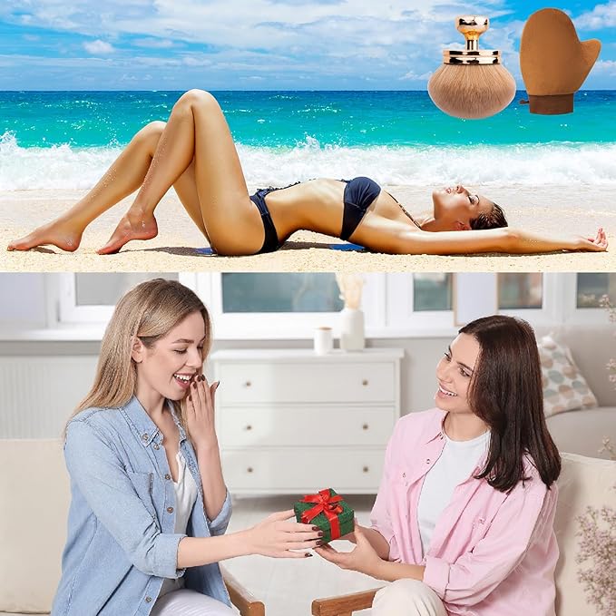 Self Tanning Brushes- Blend & Blur Extra Large Body Makeup Brush & Tanning Mitt, 2 Pcs, Kabuki Body Brush Applicator for Tan, Foundation, Self Tanner Glove for Application, Mousse, Lotion (Rose Gold)-FemmiqueWomen