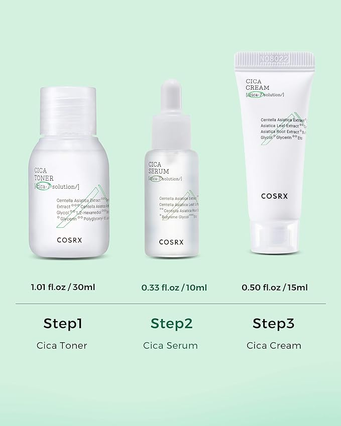 COSRX CICA Relief Kit | Toner, Serum, Cream with Centella Asiatica | Sensitive Skin, Soothing, Moisturizing | Travel Size Set, Gift Set, Korean Skincare, Not Tested on Animals, Paraben Free-FemmiqueWomen