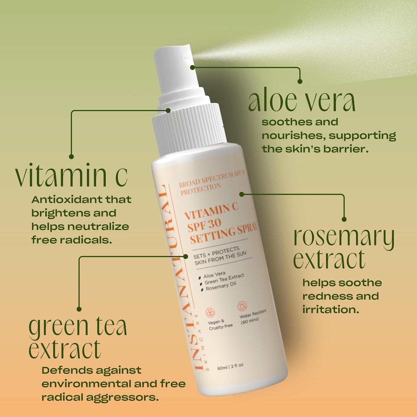 InstaNatural Skin Care Vitamin C SPF 30 Broad Spectrum Sunscreen Make Up Setting Spray, Brightens & Hydrates, UVA, UVB Sun Protection Sunblock, with Aloe Vera & Botanicals, Pump Bottle, 2 Fl Oz-FemmiqueWomen