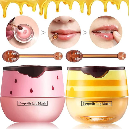 2 Pack Bee Lip Balm Honey Pot, Honey & Strawberry Lip Mask Propolis Lip Mask Moisturizing Hydrating Prevention Dry and Cracked Lip Scrubs Exfoliator (Honey+Strawberry)-FemmiqueWomen