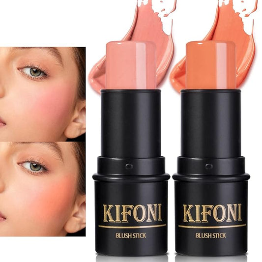 2 Pcs Cream Blush Stick Makeup Kit, Natural Shimmer & Matte Stick Blush Wand for Cheeks, Lightweight Blendable Silky Cream Blush Makeup -Matte Blush (#02 Soft Pink #03 Coral Orange)-FemmiqueWomen