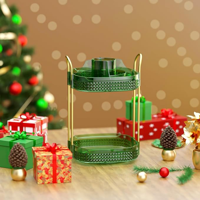 Awenia Rotating Makeup Organizer 360, Stackable Adjustable Large Capacity Cosmetic Storage Unit,Dresser Bathroom Kitchen Countertop Organizer with Metal Handle, Plus Size (Gem Green, 2 Tier)-FemmiqueWomen