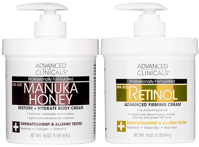 Advanced Clinicals Unscented Retinol Body Lotion & Face Moisturizer + Manuka Honey Body Cream For Women & Men | 2PC Skincare Set Helps Reduce Appearance Of Crepey Skin + Extremely Dry Skin, 2pc Set-FemmiqueWomen