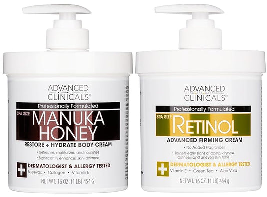 Advanced Clinicals Unscented Retinol Body Lotion & Face Moisturizer + Manuka Honey Body Cream For Women & Men | 2PC Skincare Set Helps Reduce Appearance Of Crepey Skin + Extremely Dry Skin, 2pc Set-FemmiqueWomen