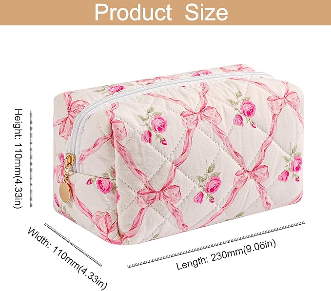 Makeup Bag Travel Cosmetic Bag for Women Girls, Zipper Make Up Pouch, Floral Flowers Toiletry Organizer Makeup, Portable Storage Bag, Cosmetic Travel Cloth Bag (2 Pack (L+S)/Pink Bowknot)-FemmiqueWomen