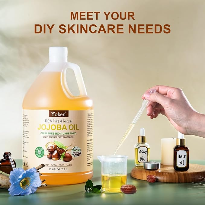 Yoken 1 Gallon Jojoba Oil EWG Verified - 100% Pure Jojoba Oils Bulk Cold Pressed Unrefined Hexane Free Virgin Golden jojoba Carrier Oil for Hair Skin Massage DIY Natural Body Moisturizer-FemmiqueWomen