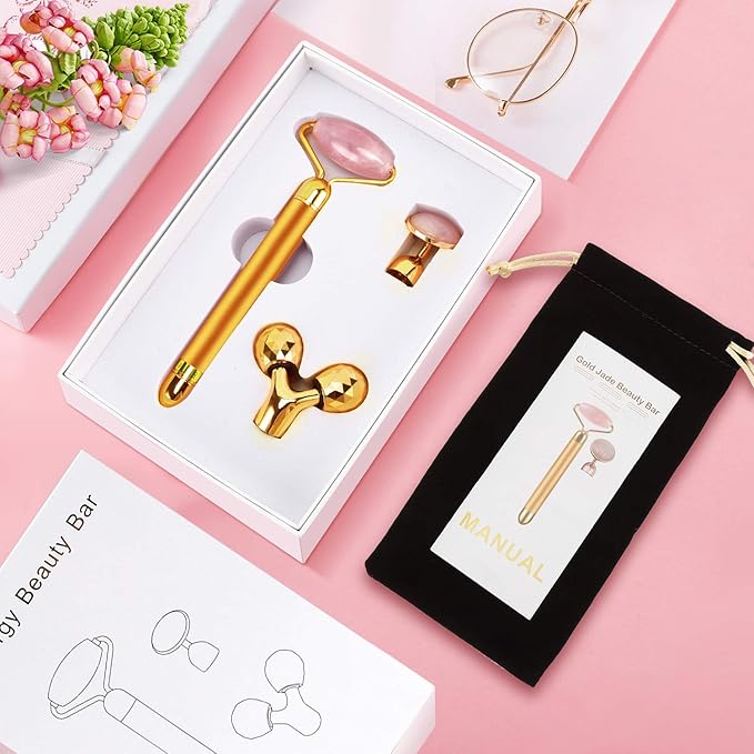 3-IN-1 Electric Jade Roller 3D Roller Facial Roller & Face Massager,Gold-FemmiqueWomen