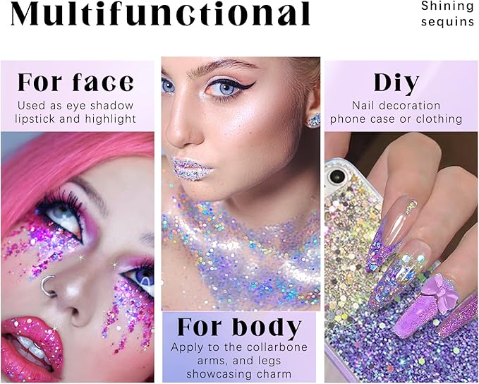 2 Colors Roll-on Body Glitter Gel, Holographic Glitter Gel Under Light for Face Hair, Body Shimmer for Rave Accessories Christmas New Year Halloween Makeup (8+11)-FemmiqueWomen