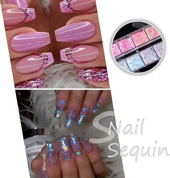 12 Colors Mermaid nail art glitter sequins Iridescent Ice Slag nail glitter flakes Ultra Thin Nail Art Designs 3D holographic nail sequins for Nail Art Supplies Manicure Decoration Accessories-FemmiqueWomen