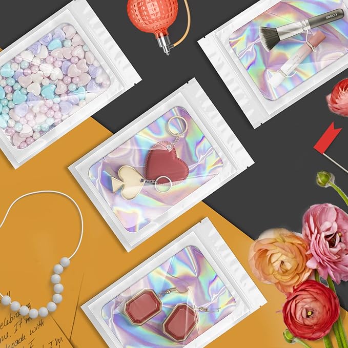 100 Pack Holographic Bags, Smell Proof Packaging Bags, Clear Window Resealable Odor Foil Pouch Mylar Bag for Food Storage and Lipgloss, Jewelry Lash (White, 3 x 4.7 Inch)-FemmiqueWomen