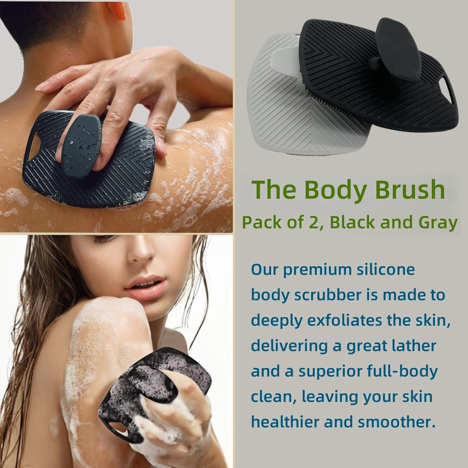 2 Pack Food-Grade Silicone Body Scrubber, Highly Elastic Bristles Handheld Brush for Shower, Lather Well and Gentle Exfoliating, Makes Skin Smooth, for Women and Men, Black and Gray-FemmiqueWomen
