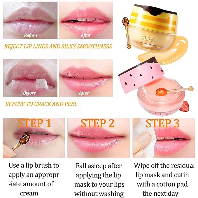 2 PCS Bee Lip Balm Honey Pot, Honey & Strawberry Lip Mask Vitamin E & Moisturizing Propolis Sleeping Lip Mask Prevention Dry and Cracked Lip Scrubs Exfoliator, Christmas Gifts-FemmiqueWomen