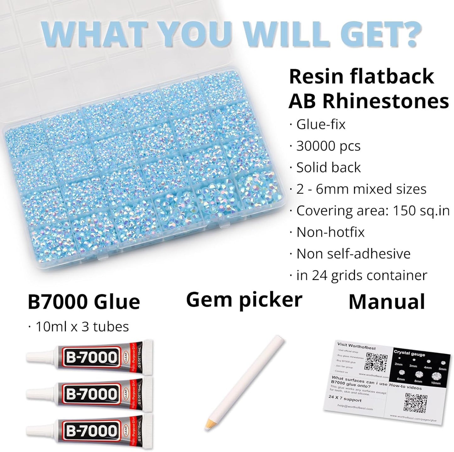 30000Pcs Resin Jelly Rhinestones Set for Crafting Bedazzling, Light Blue AB Flatback Gems Jewels for Crafts Clothes Shoes Fabric Outfit Nails Makeup, Flat Back Crystal 2-6mm with b 7000 Glue-FemmiqueWomen