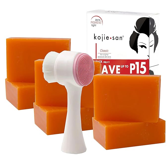 Kojie San Skin Brightening Brush Set - Original Kojic Acid Soap That Helps Reduces Dark Spots & Other Types of Skin Damage – 65g x 6 Bars and Relumins Deep Pore Facial Cleansing Brush-FemmiqueWomen