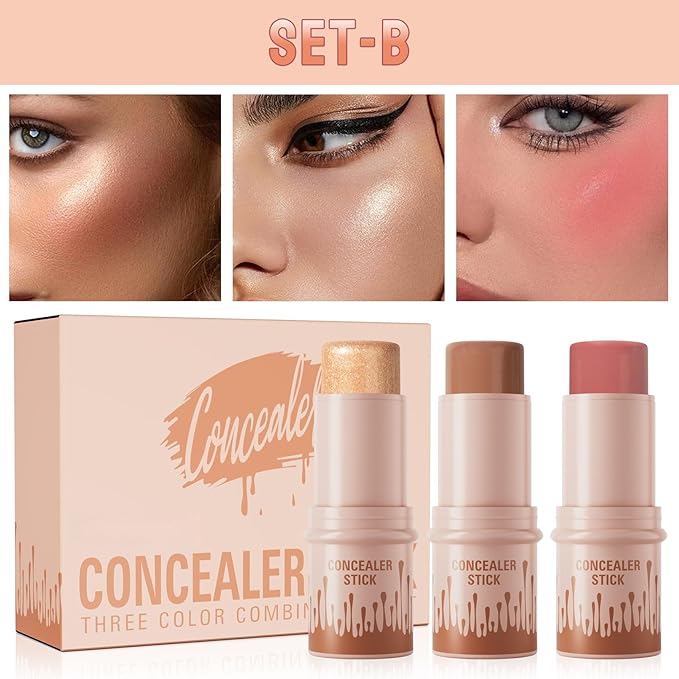 3Pcs Contour Stick Set，3 Colors Contour Stick Makeup Set， Long-Lasting Waterproof Concealer Stick Kit，Cream Blush & Highlighter Bronzer Pen (SET-B)-FemmiqueWomen