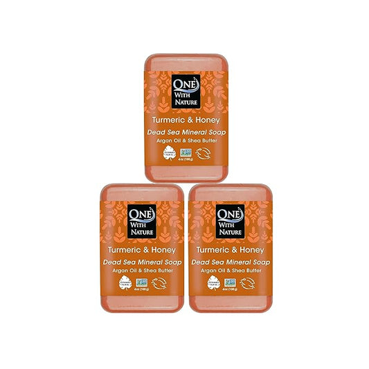 One With Nature Dead Sea Salt Turmeric Soap 4oz 3-Pack – Purifying and Exfoliating Soap Bar with Dead Sea Minerals and Turmeric for Face & Body, for Men & Women-FemmiqueWomen