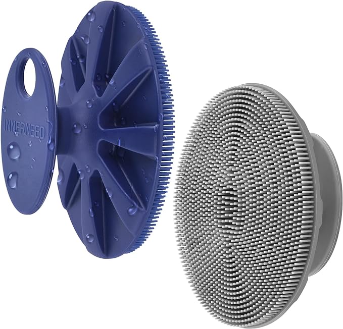 INNERNEED Silicone Face Exfoliating Brush Manual Handheld Facial Cleansing Scrubber Blackhead Remover, Food-Grade Soft Bristle (Dark Blue+Gray)-FemmiqueWomen