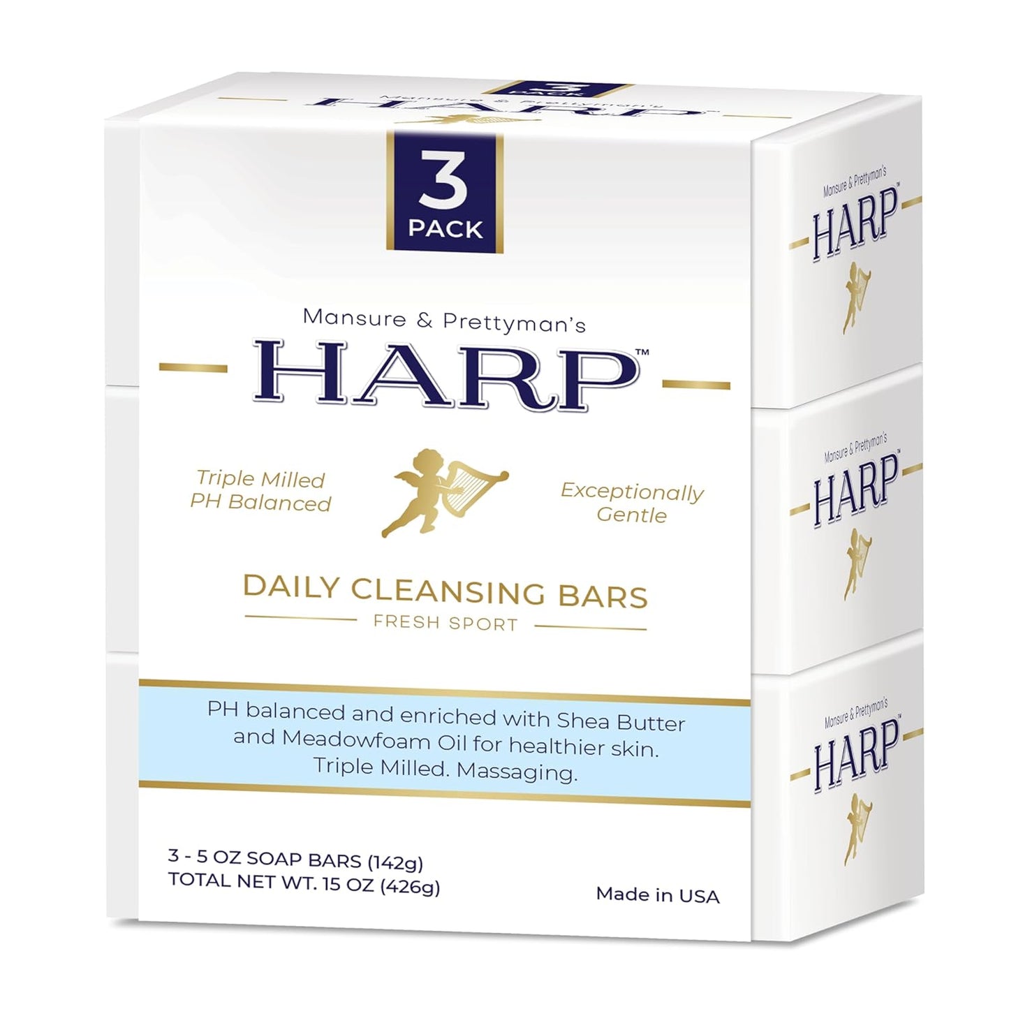HARP pH-Balanced (5.0-6.0) Body Wash Bar. ZERO saponified oils. Protects Moisture Barrier. Gentle for Sensitive/Dry skin. + Shea Butter/Borage Oil. Non-Comedogenic. FRESH SPORT Fragrance.-FemmiqueWomen