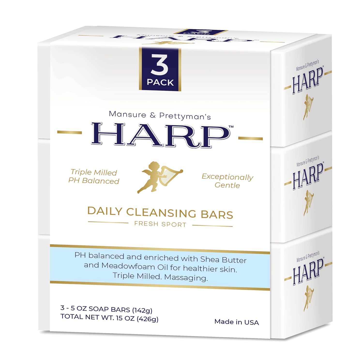 HARP pH-Balanced (5.0-6.0) Body Wash Bar. ZERO saponified oils. Protects Moisture Barrier. Gentle for Sensitive/Dry skin. + Shea Butter/Borage Oil. Non-Comedogenic. FRESH SPORT Fragrance.-FemmiqueWomen