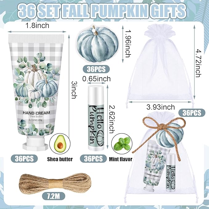 144 Pcs Fall Lip Balm Hand Cream Set Party Favors, Include 36 Blue Pumpkin Lip Balm 36 Moisturizing Hand Cream 36 Bags 36 Cards and Ropes for Autumn Accessories Gifts-FemmiqueWomen