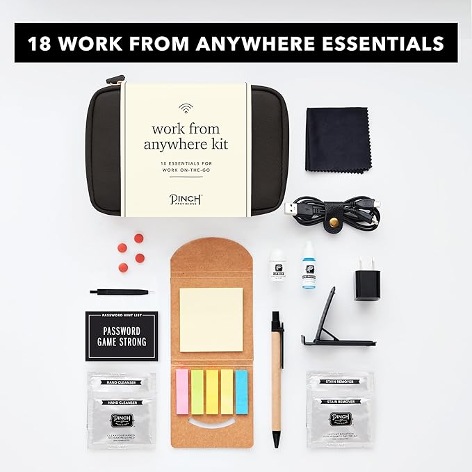 Pinch Provisions Work from Anywhere Kit, Includes 18 Essentials to Help You Stay on Task, Must-Have Essentials, Compact Multi-Functional Vegan Leather Pouch, Black-FemmiqueWomen