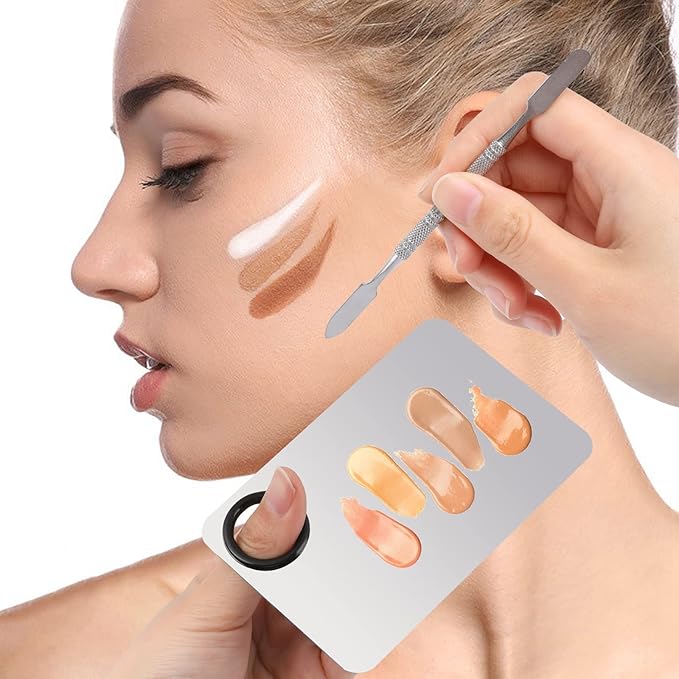 2 Sets Foundation Palette Makeup Mixing Palette Stainless Steel Cosmetic Mixing Palette with Spatula Makeup Artist Tool for Mixing Foundation Eye Shadow Eyelash Nail Art (4.52 x 2.99 inch)-FemmiqueWomen