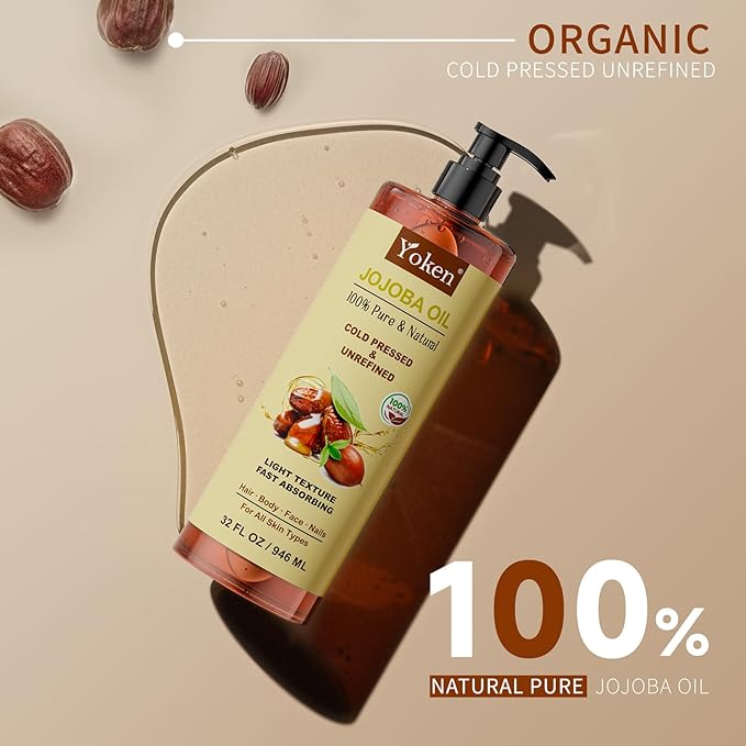Yoken 32 fl oz (EWG Verified) 100% Pure Jojoba Carrier Oil - Unrefined, Hexane-Free, Cold Pressed for Skin, Face, Hair, Nails, and Massage-FemmiqueWomen