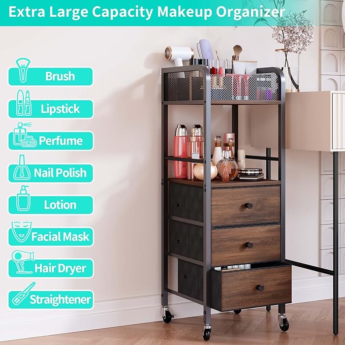 HapiRm Rolling Makeup Cart Organizer - Floor Skincare Make Up Storage with 3 Drawers, Vanity Organizer Cosmetic Display Cases Holder for Skin Care Perfume Nail Polish Brush Hair Tool-FemmiqueWomen