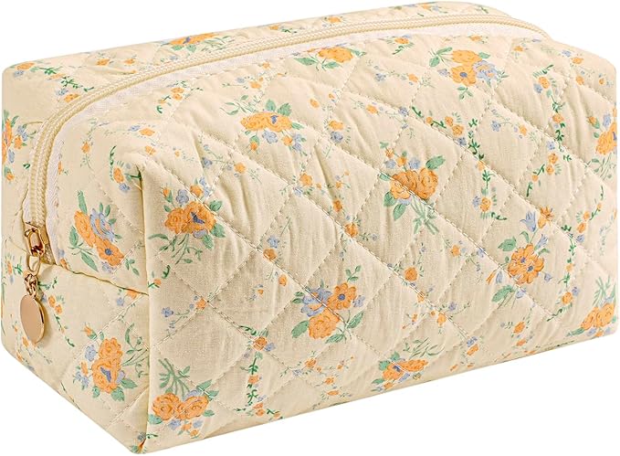 Makeup Bag Travel Cosmetic Bag for Women Girls, Zipper Make Up Pouch, Floral Flowers Toiletry Organizer Makeup, Portable Storage Bag, Cosmetic Travel Cloth Bag (Yellow Orange Flower)-FemmiqueWomen