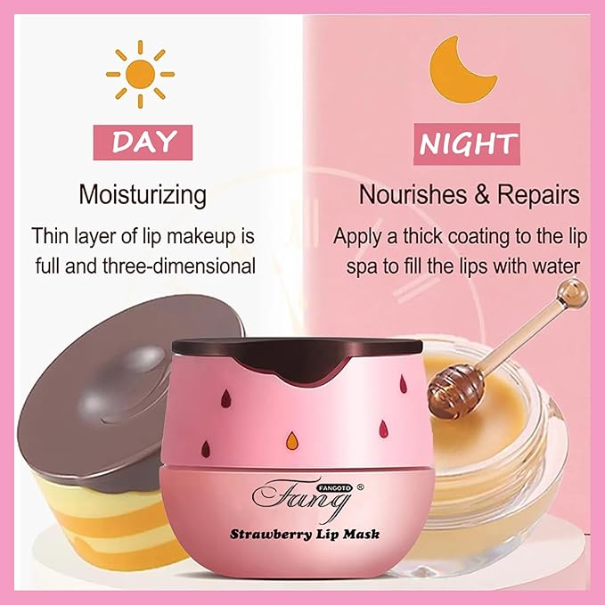 1 PCS Bee Lip Balm Lip Mask Honey Pot, Strawberry Moisturizing Sleeping Lip Mask Overnight with Sticks, Lip Balm Honey Pot Lip Balm Hydrating Prevention Dry and Crack Lip Scrubs Exfoliator-FemmiqueWomen
