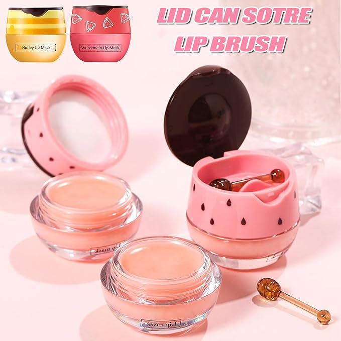 3 PCS Bee Lip Balm Honey Pot, Honey&Strawberry&Watermelon Lip Sleeping Mask Hydrating Prevention Dry and Cracked Lip Scrubs Exfoliator Lip Care, Overnight Lip Mask Reduces Lip Lines-FemmiqueWomen