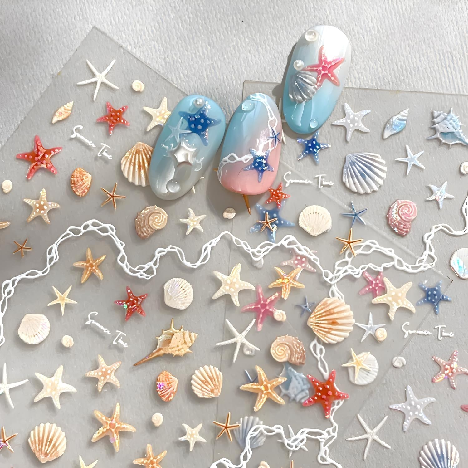 2 Sheets Starfish Nail Stickers for Nail Art 5D Embossed Ocean Nail Decals Summer Nail Stickers Colorful Nail Art Supplies Design Accessories for Women Acrylic Manicure DIY Decoration-FemmiqueWomen
