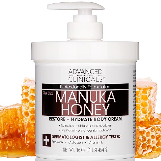 Advanced Clinicals Manuka Honey Body Cream For Women & Men | Body Butter Lotion For Extremely Dry Skin | Collagen Cream | Skincare Moisturizer Hydrating Balm Improves Look Of Aging Skin, 16 Ounce-FemmiqueWomen