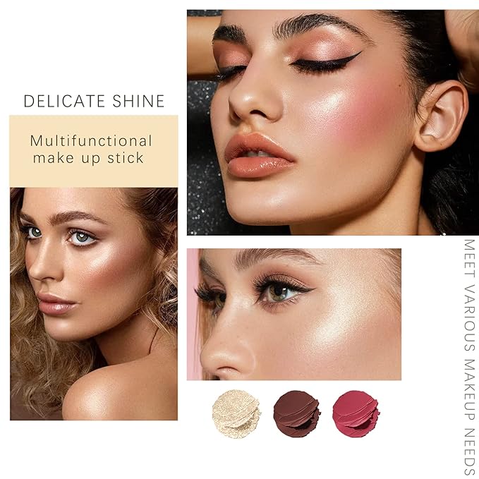 3 Colors Highlilghter Contour Blush Sticks Creamy Sticks for Cheeks, Eyes Cosmetics Stick Set, 3 in 1 Long Lasting Waterproof Moisturizer Makeup Sticks for All Skin-FemmiqueWomen