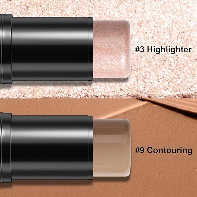 2Pcs Cream Contour Stick Makeup Kit, Cream Highlighter Stick and Bronzer Contour Stick with Longwear Waterproof Formula for Brightening and Trimming the Cheeks, Makeup Brush Include (#03, 09)-FemmiqueWomen