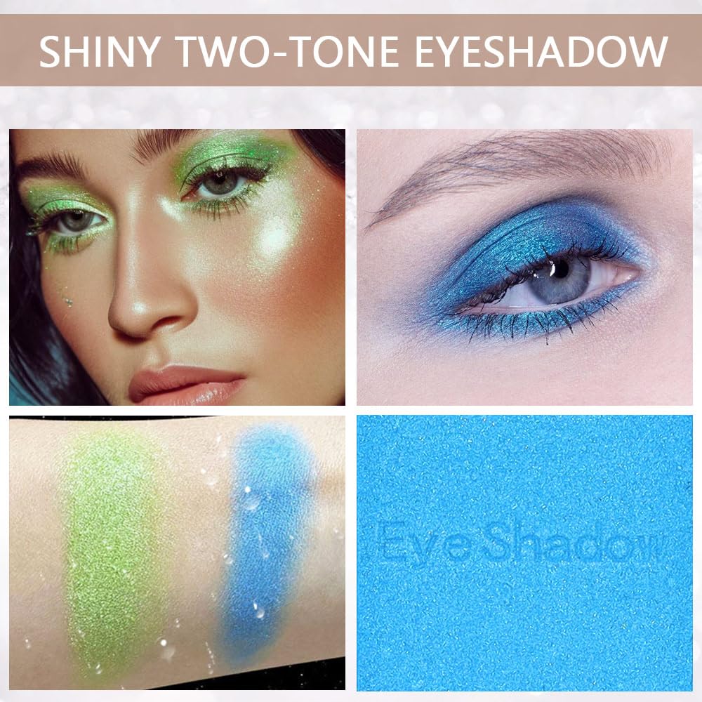 2 colors eye shadow makeup palette, Blue & Green Eyeshadows Halloween Birthday Party Wear, high pigment eye, matte & shimmer metal eye shadow powder, Blendable, Ultra-Pigmented(02)-FemmiqueWomen