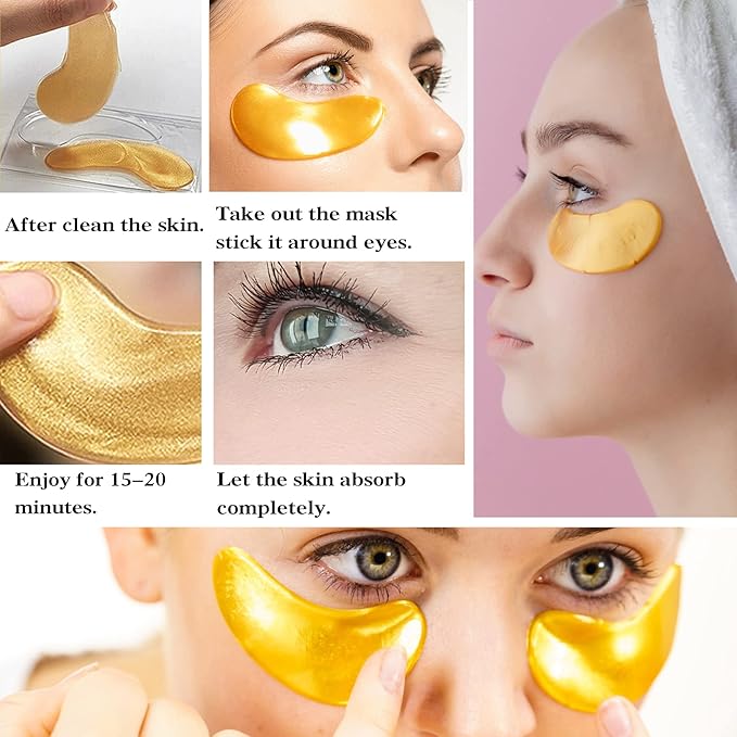 30 Pairs 24K Gold Under Eye Patches,Crystal Collagen Under Eye Mask,Puffy Eyes and Dark Circles Treatments,Moisturising&Hydrating Under Eye Patch Pads for Reducing Fine Lines Eye Bags(Gold)-FemmiqueWomen